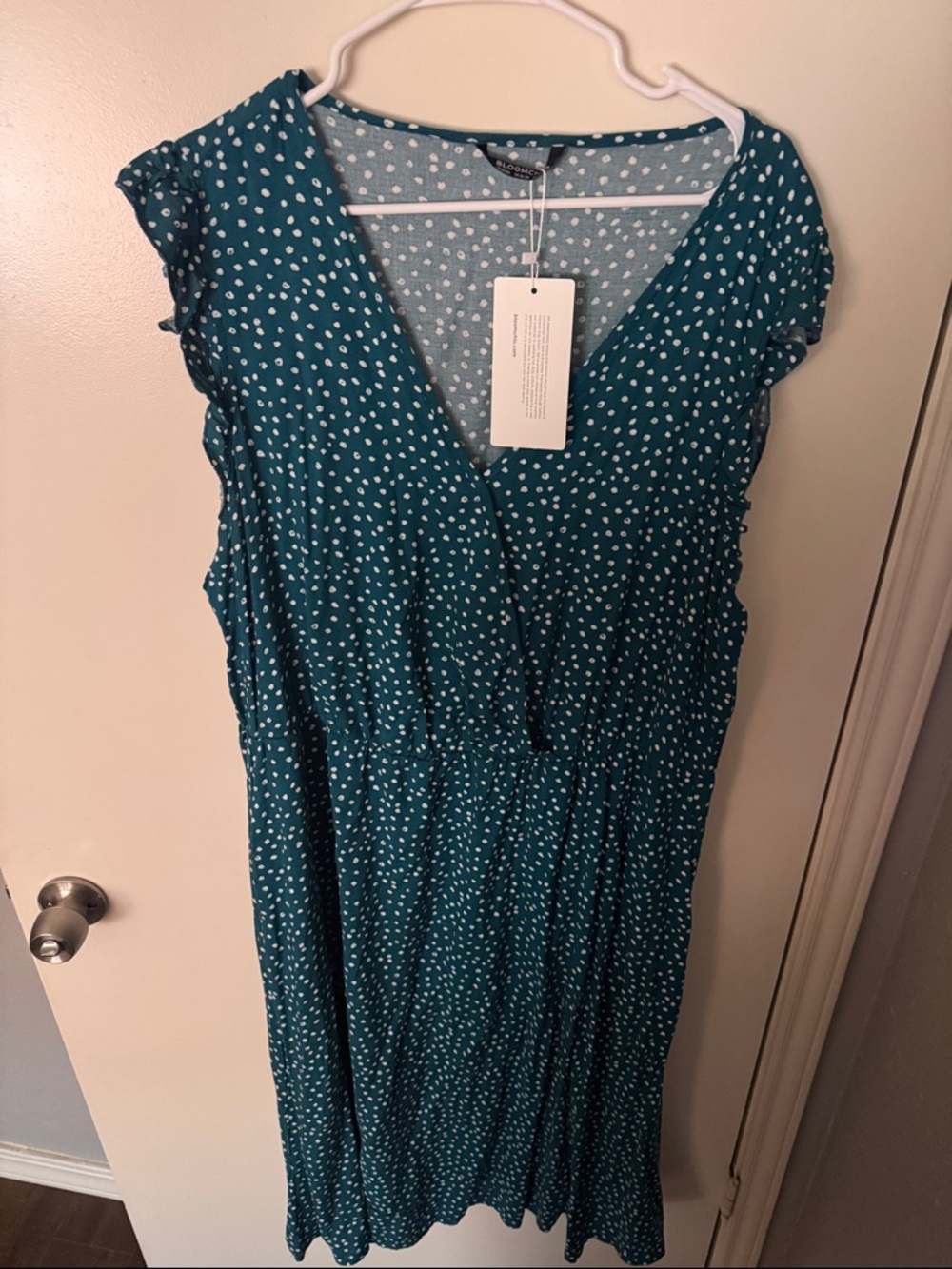 BloomChic Teal Polka Dot V-Neck Midi Dress
